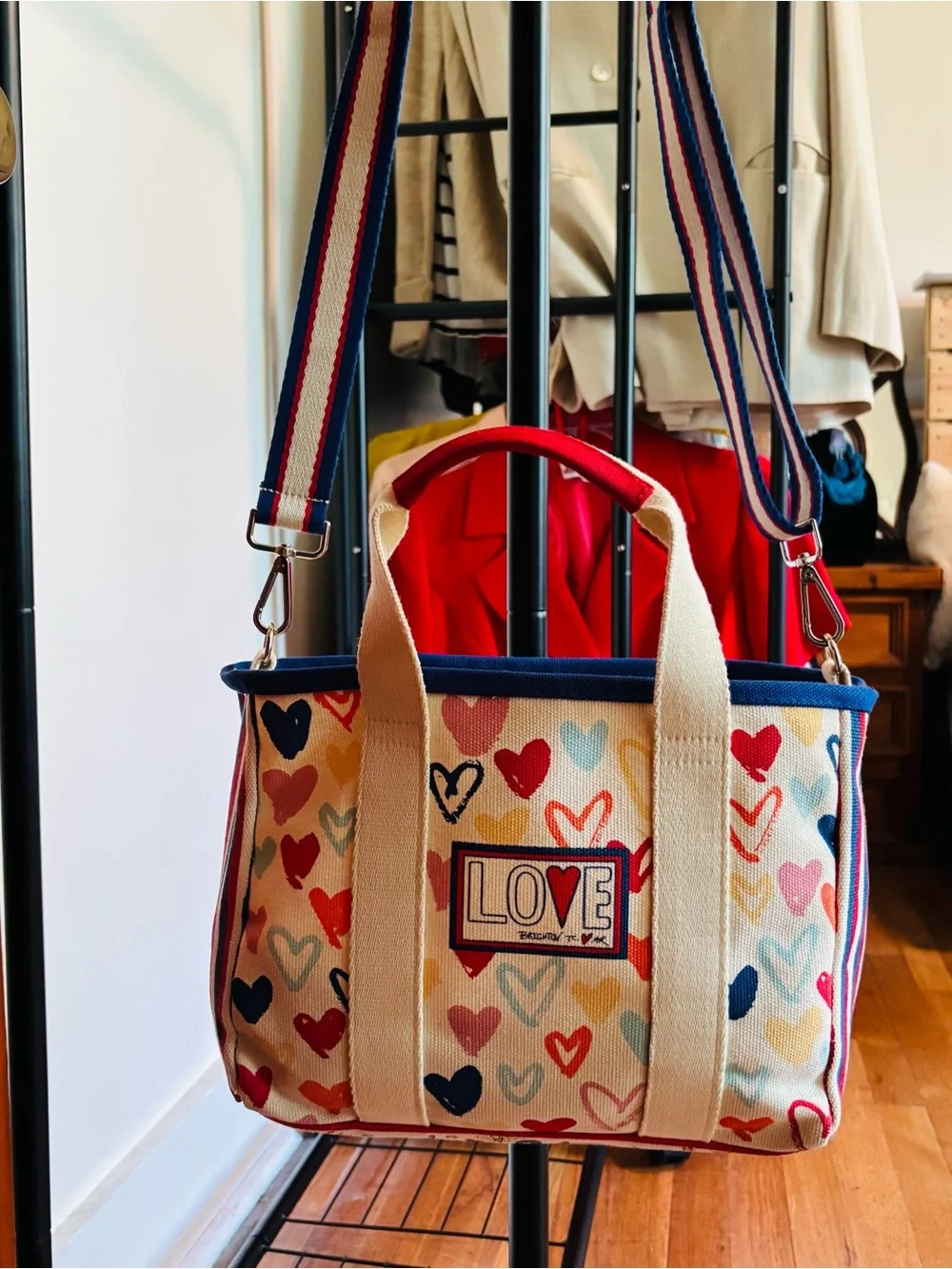 Brighton Canvas LOVE Tote with Multicolor Hearts and Striped Strap